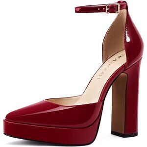 💫 Women Red Ankle Strap Heels Chunky Toe Sandals Buckle Comfortable Dress Shoes